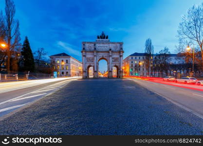 Munich. Triumphal Arch.. A triumphal arch Siegestor in the night illumination. Munich. Bavaria.