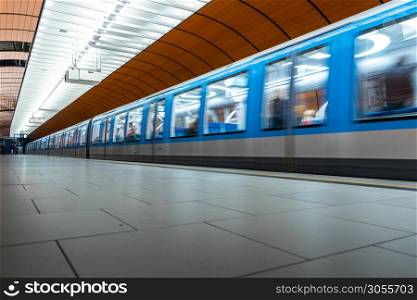 Munich u-bahn subway station with futuristic design and orange vibrant colors