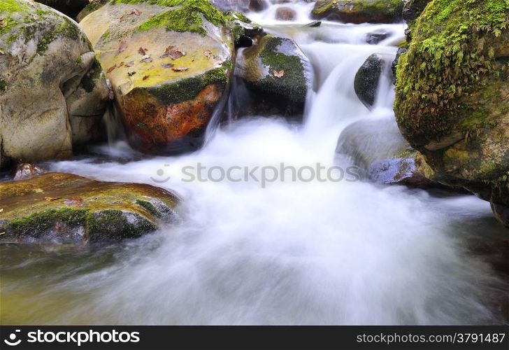 Muniellos river in Asturias forming small waterfall.