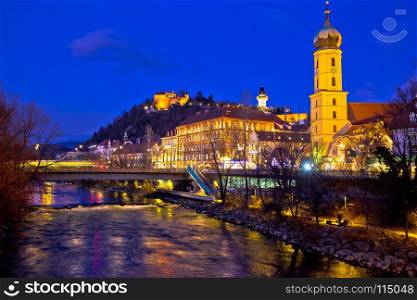 Mur river and Graz cityscape evening view, Steiermark region of Austria