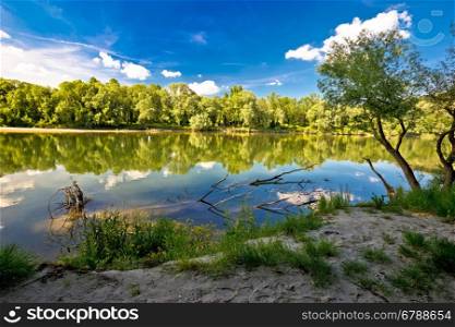 Mura and Drava rivers mouth on border of Croatia and Hungary, water landscape of Podravina region
