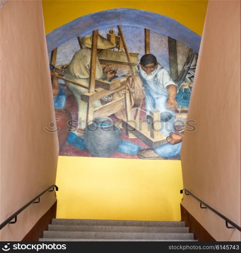 Mural on wall by staircase, Bellas Artes, San Miguel de Allende, Guanajuato, Mexico