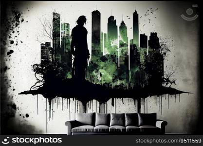 Mural with lonely figure and grunge city, graffiti style. Generative AI design. Mural with lonely figure and grunge city, graffiti style. Generative AI