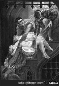 Murder of the two princes, the only sons of Edward IV of England in 1483 on engraving from the 1800s. Engraved by J.Rogers after a painting by Northcote and published by J.& F.Tallis.