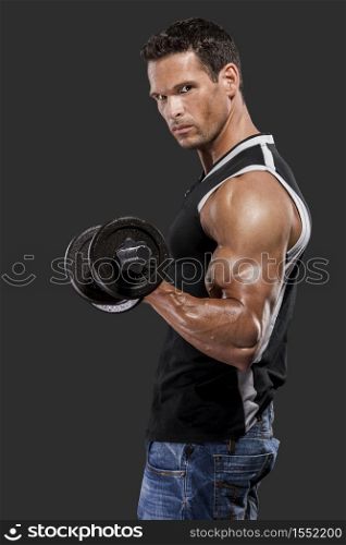 Muscle man lifting weights, isolated over a white background