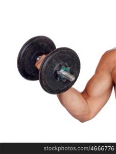 Muscled arm lifting weights isolated on white background