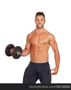 Muscled guy lifting weights isolated on white background