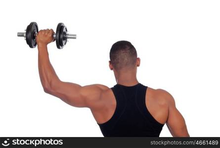 Muscled man back training with dumbbells isolated on a white background