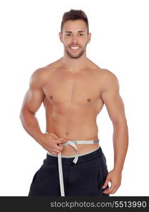 Muscled man with tape measure isolated on a white background