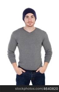 Muscled man with wool hat isolated on a white background