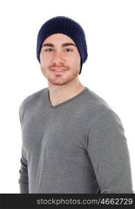 Muscled man with wool hat isolated on a white background