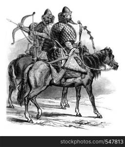 Muscovite riders in the sixteenth century, vintage engraved illustration. Magasin Pittoresque 1861.
