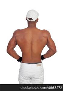 Muscular African American man back isolated on a white background