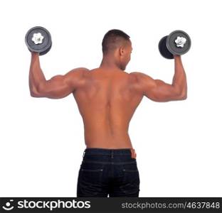 Muscular African American man back training with dumbbells isolated on a white background