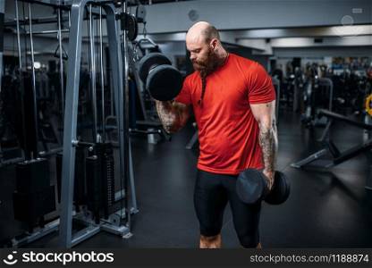 Muscular athlete doing exercise with dumbbells in gym. Bearded man in sport club, healthy lifestyle