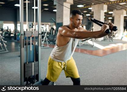 Muscular athlete in sportswear at exercise machine in motion on training in gym. Workout in sport club, healthy lifestyle. Athlete at exercise machine in motion, sport club