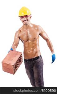 Muscular builder with bricks on white