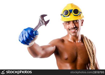 Muscular builder with tools isolated on white