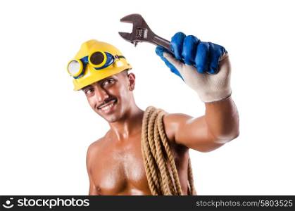 Muscular builder with tools isolated on white