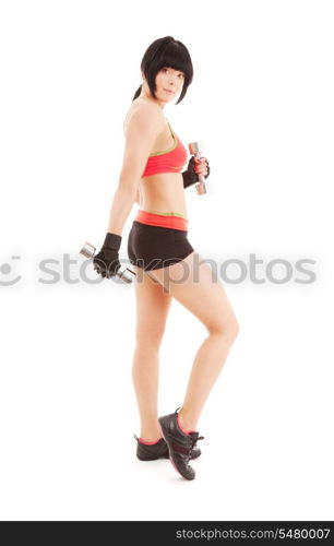 muscular fitness instructor with dumbbells over white