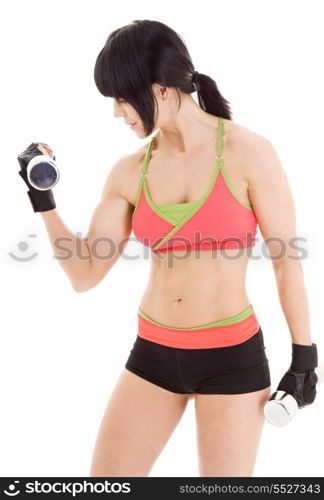 muscular fitness instructor with dumbbells over white