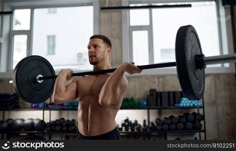 Muscular guy lifting barbell above head standing at gym. Young athlete under physical exertion using sports weight equipment during fitness workout. Muscular guy lifting barbell above head standing at gym
