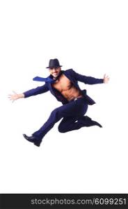 Muscular half naked businessman jumping on white