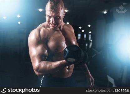 Muscular male athlete posing with dumbbell in sport gym. Fitness training with weight. Bodybuilding workout. Muscular athlete posing with dumbbell in sport gym