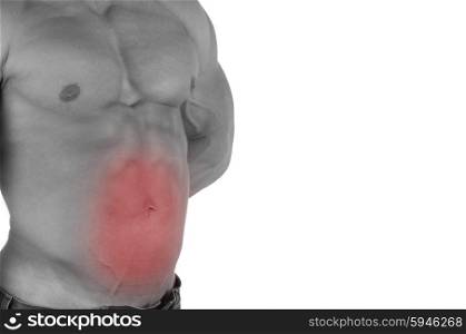 Muscular male torso with abs selected on white background. bodybuilder body closeup