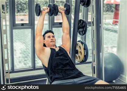 Muscular man bodybuilder in fitness gym training with dumbbells. Healthy lifestyle and bodybuilding concept.