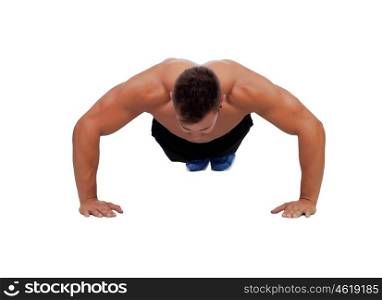 Muscular man doing pushups isolated on white background