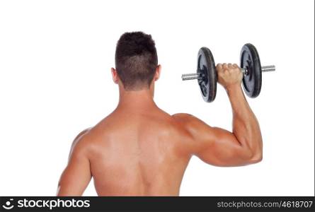 Muscular man lifting weights isolated on white background