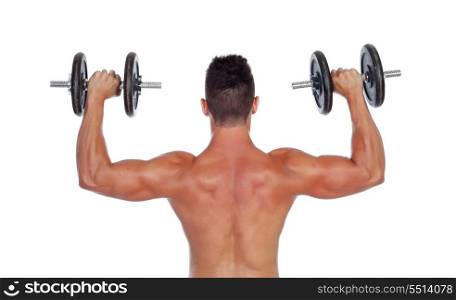 Muscular man lifting weights isolated on white background