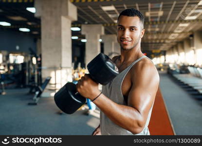 Muscular man poses with heavy dumbbell on training in gym. Fitness workout in sport club, healthy lifestyle, fit exercise