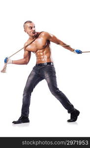 Muscular man pulling the rope