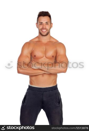 Muscular man showing his body isolated on white background