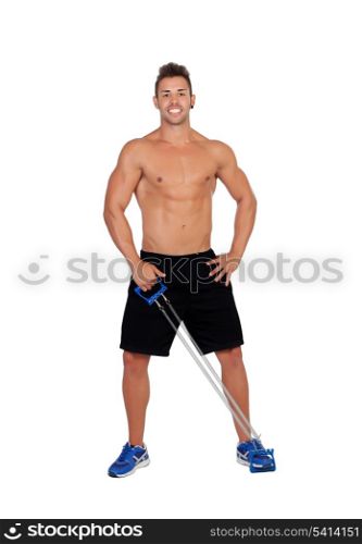 Muscular man training isolated on a white background
