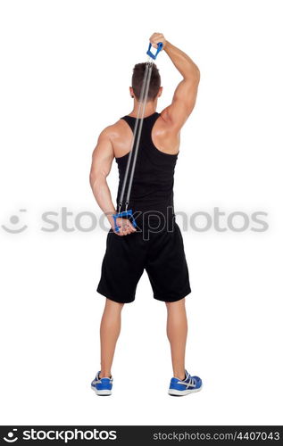 Muscular man training isolated on white background