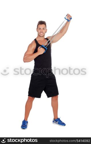 Muscular man training isolated on white background
