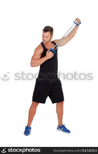 Muscular man training isolated on white background