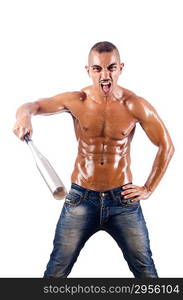 Muscular man with baseball bat on white