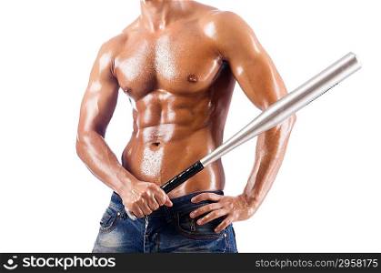 Muscular man with baseball bat on white