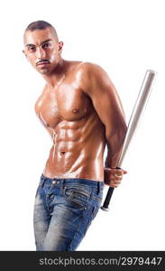 Muscular man with baseball bat on white