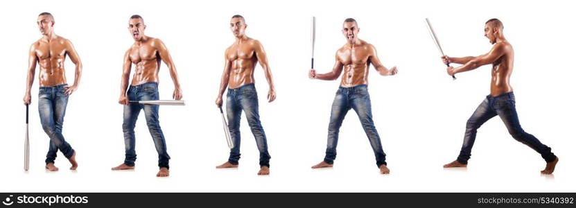 Muscular man with baseball bat on white