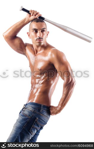 Muscular man with baseball bat on white