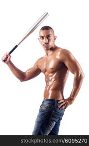 Muscular man with baseball bat on white