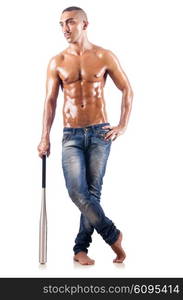 Muscular man with baseball bat on white