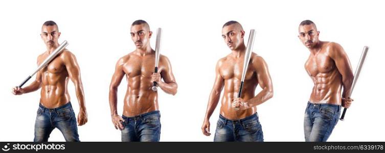 Muscular man with baseball bat on white