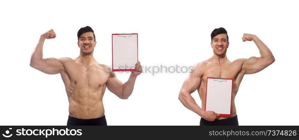 Muscular man with blank pad for your message