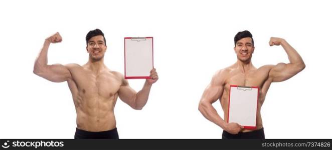 Muscular man with blank pad for your message